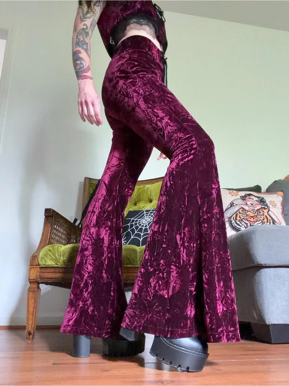 Killstar Deep Burgundy Crushed Velvet Flare Pants
